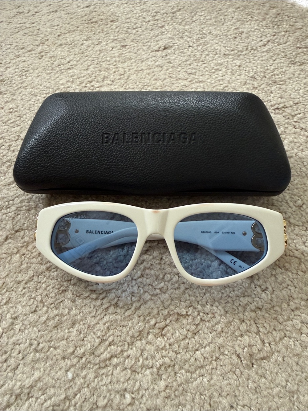 Balenciaga Cream Cat-Eye Sunglasses with Blue Lenses - light marks/ stains